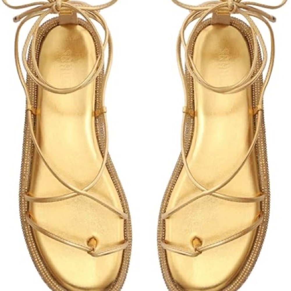 Kittie Gold Metallic & Nappa Leather Ankle Lace Up Flat Heel Sandals